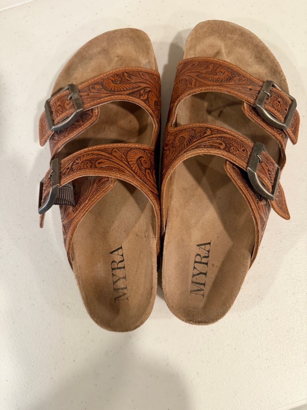 MYRA Brown Tooled Leather Double-Buckle Sandals